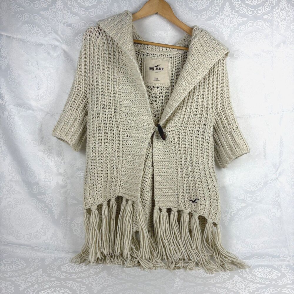 Hollister Y2K Sweater Hood Fringe Knit Cardigan Wool Boho Western Oversized XS/S